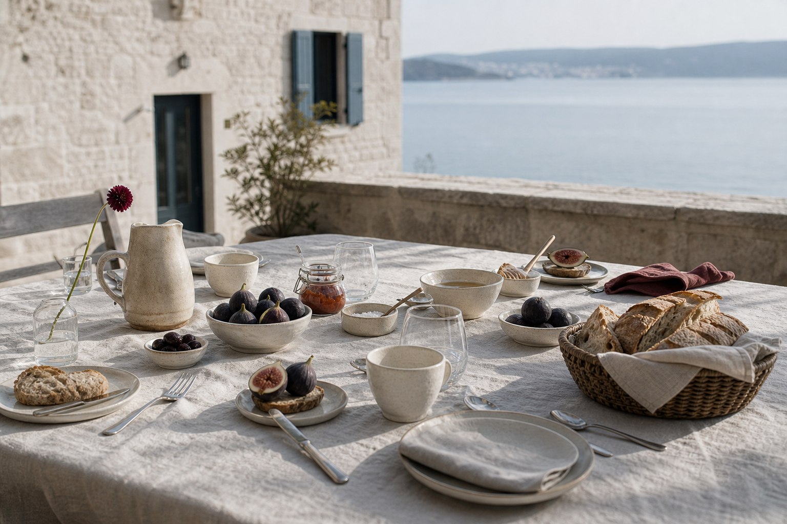 Morning dining table at a stone villa beside the Adriatic
